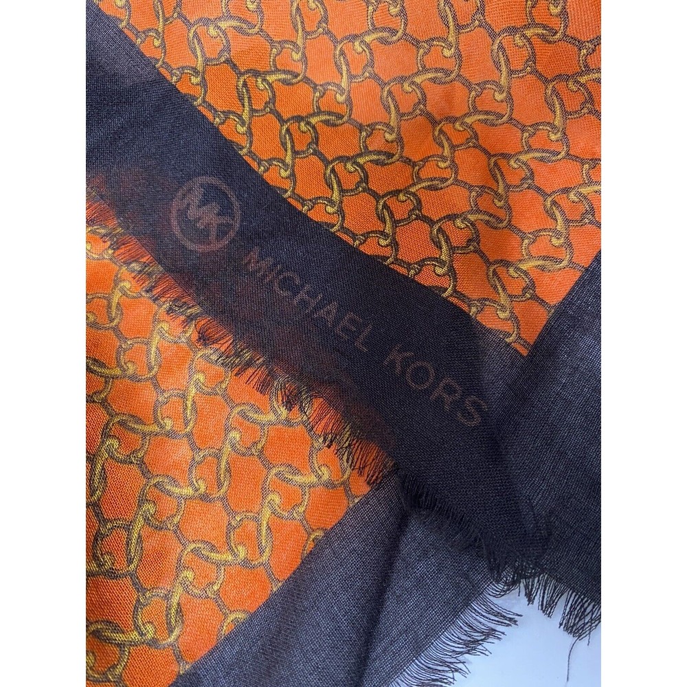 VTG Michael Kors Scarf Shawl Wrap Pashmina Orange Brown Gold Chain Link Pattern